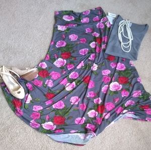 LulaRoe Maxi skirt-slinky gray red pink roses, XL